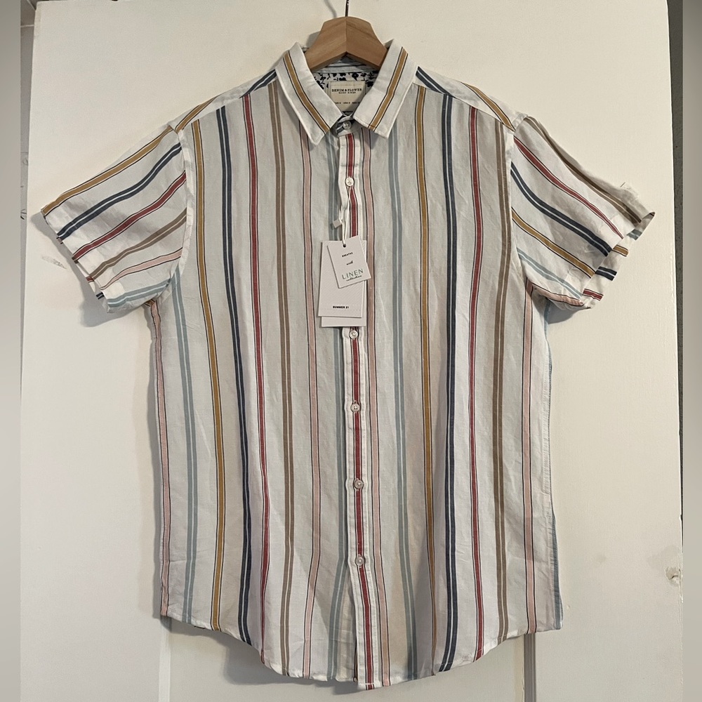 NWT Denim & Flower Men’s Linen Button Down Striped Shirt Size Small